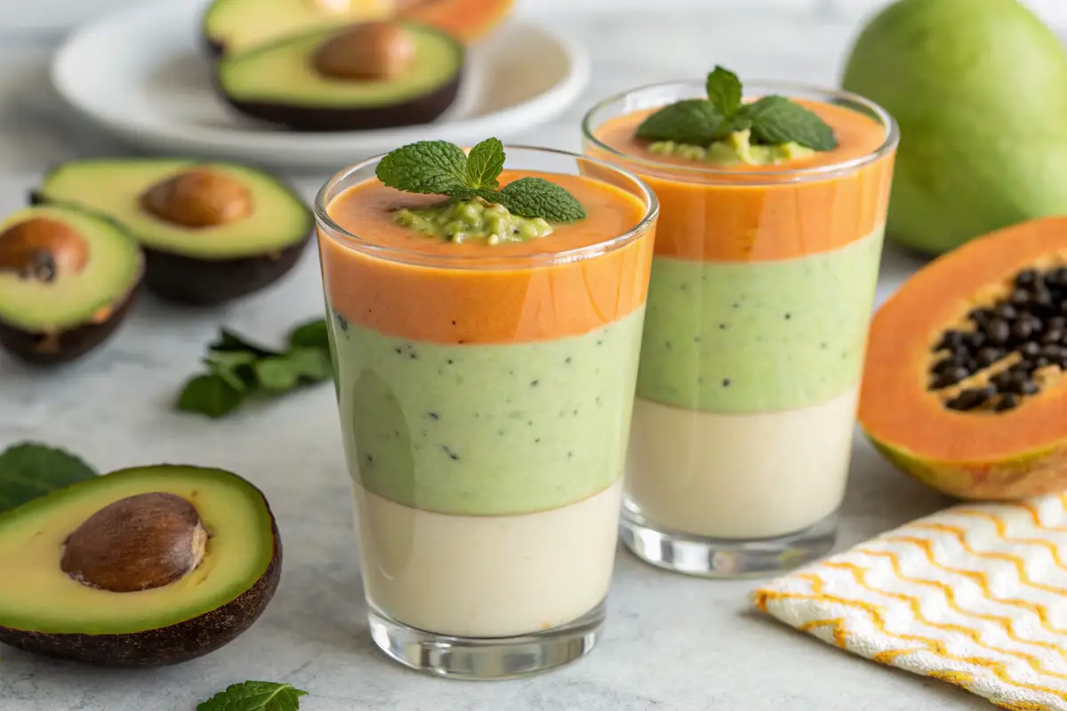 Two glasses of layered smoothies with creamy green avocado layers at the bottom and bright orange papaya layers at the top, garnished with mint leaves. Whole and halved avocados and a papaya are visible in the blurred background.