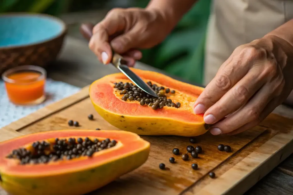 Close-up of hands peeling a halved papaya with a knife, preparing it for a smoothie.