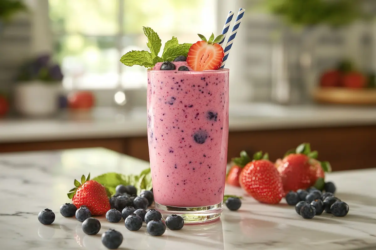 Strawberry blueberry smoothie in a tall glass garnished with fresh fruit and a paper