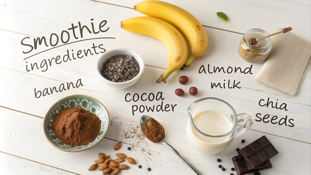 A beautifully arranged flat lay of smoothie ingredients on a clean, rustic wooden surface. Include ripe bananas, a small bowl of cocoa powder, a glass jug of almond milk, a few dark chocolate chunks, a small bowl of chia seeds, and a drizzle of honey on a spoon. The ingredients are styled neatly, with soft natural lighting casting gentle shadows. Add handwritten-style labels next to each ingredient for a cozy, approachable feel, emphasizing the natural and healthy elements of the recipe