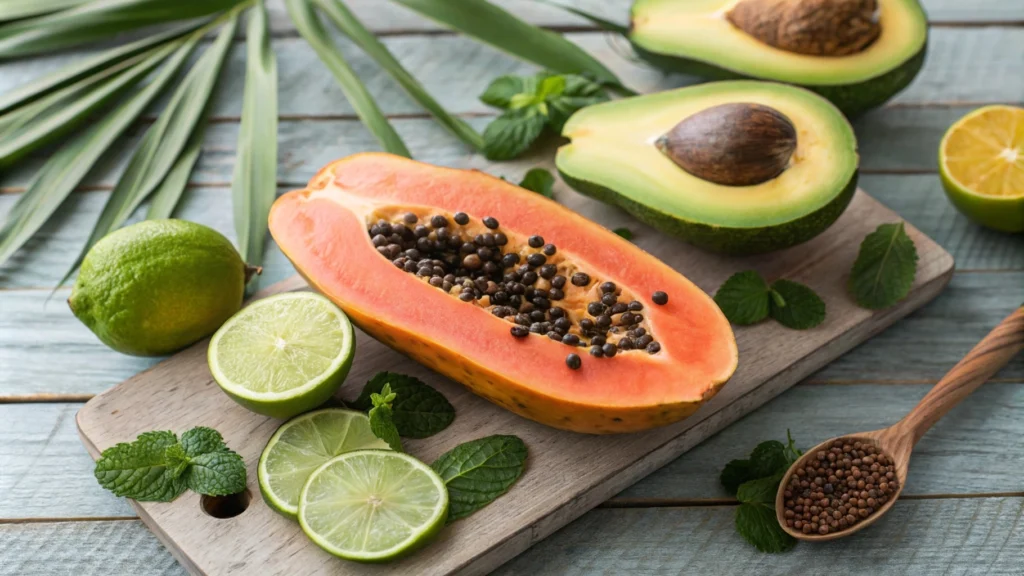 Fresh tropical smoothie ingredients including halved papaya with seeds, sliced avocado, lime wedges, and mint leaves arranged on a rustic wooden surface.