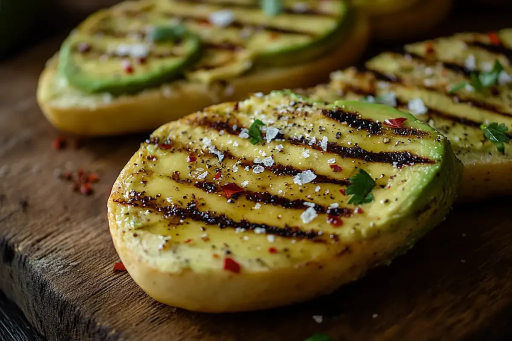 Close-up of grilled avocado bread with toppings.