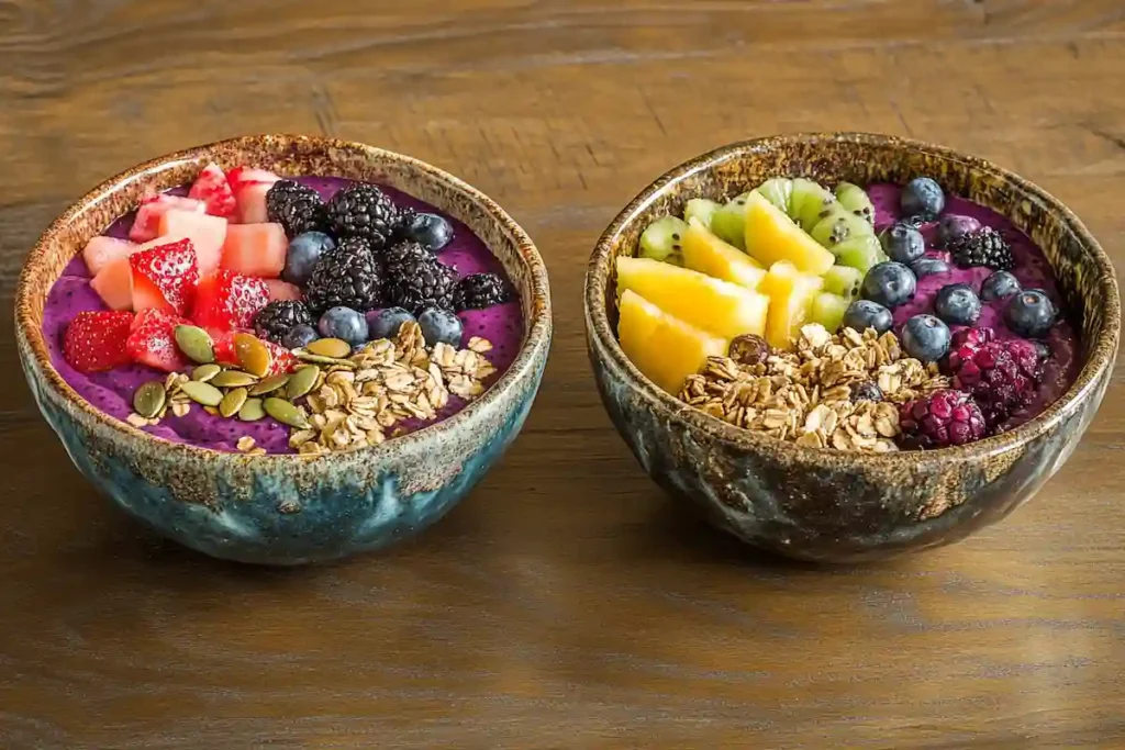 A detailed close-up of a pitaya bowl with fresh fruit toppings, showcasing its texture and vibrant color.