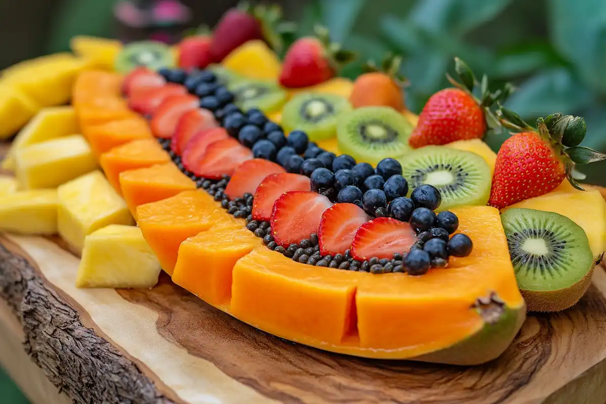 A vibrant fruit platter featuring sliced papaya arranged in a row and topped with strawberries, blueberries, and papaya seeds, surrounded by kiwi and pineapple on a wooden board.