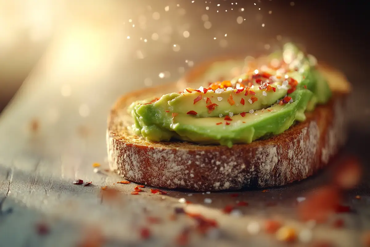 Close-up of toasted bread with avocado.