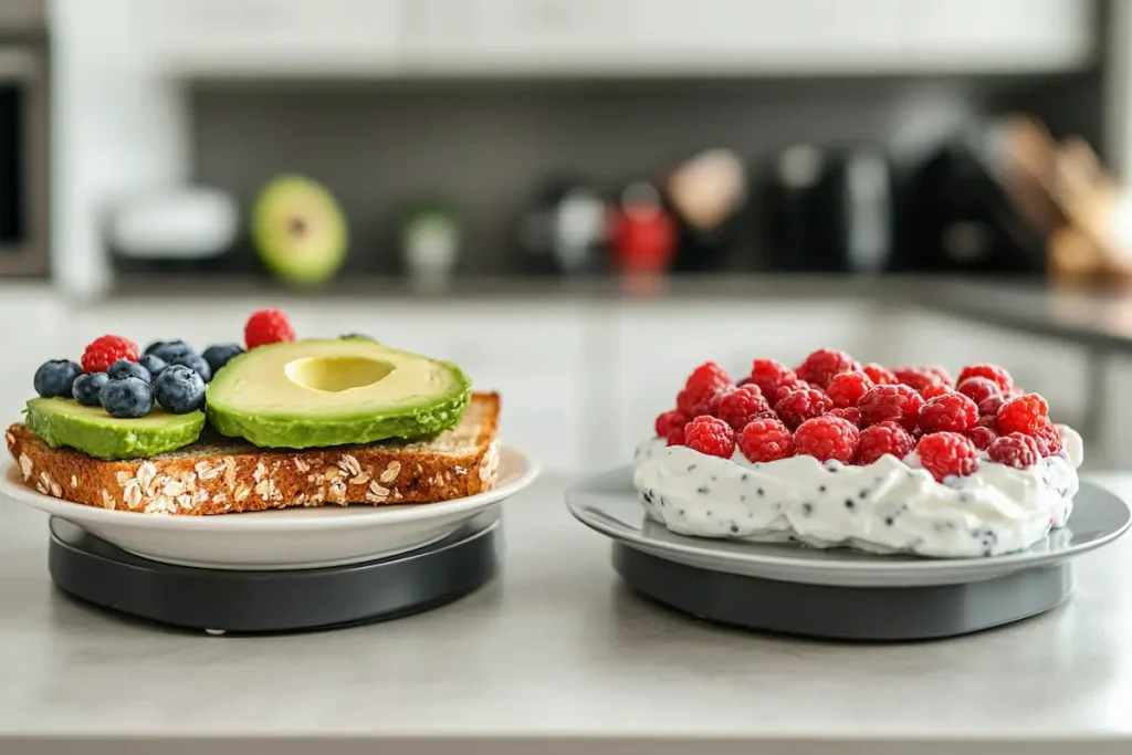 Overhead view of a spread of various healthy breakfast alternatives.