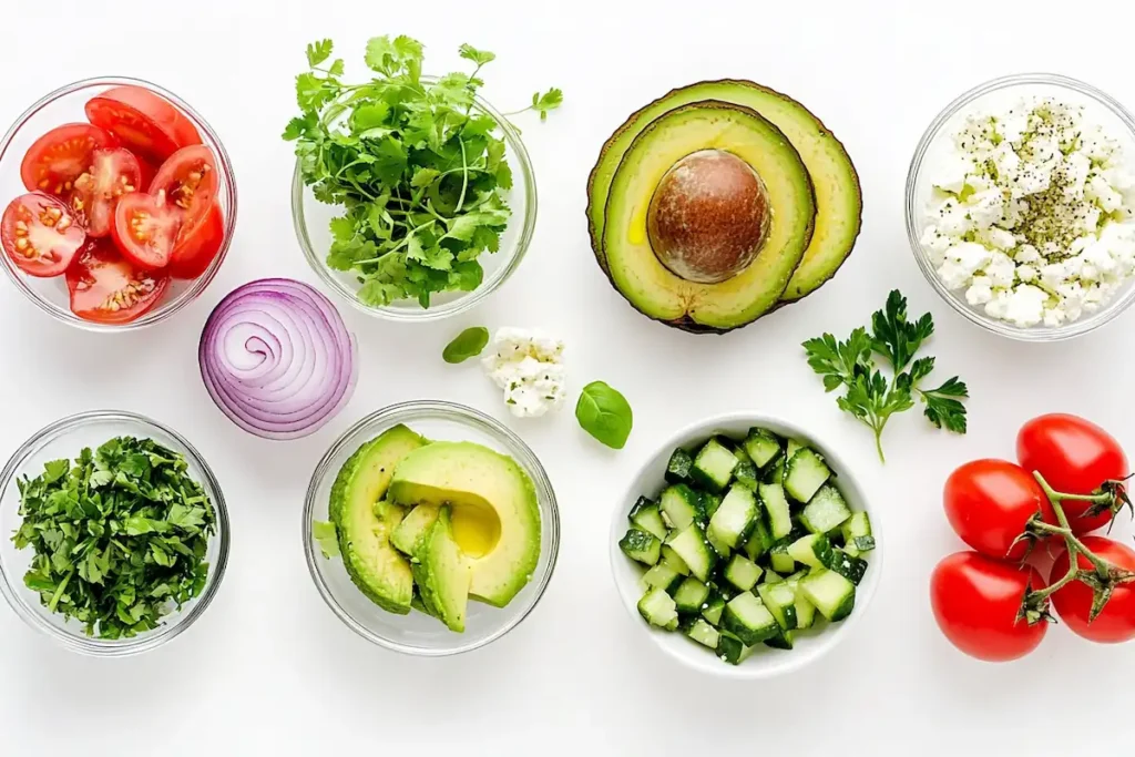 An overhead view of various grilled avocado bread toppings.