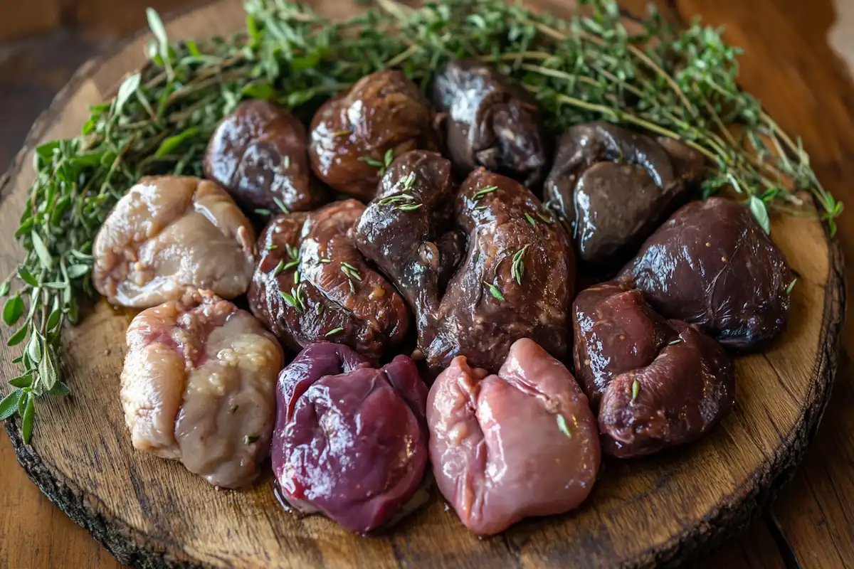 Cooked chicken hearts on a rustic plate, garnished with fresh herbs.