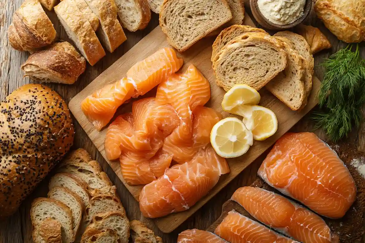 Variety of bread types paired with fresh and smoked salmon.