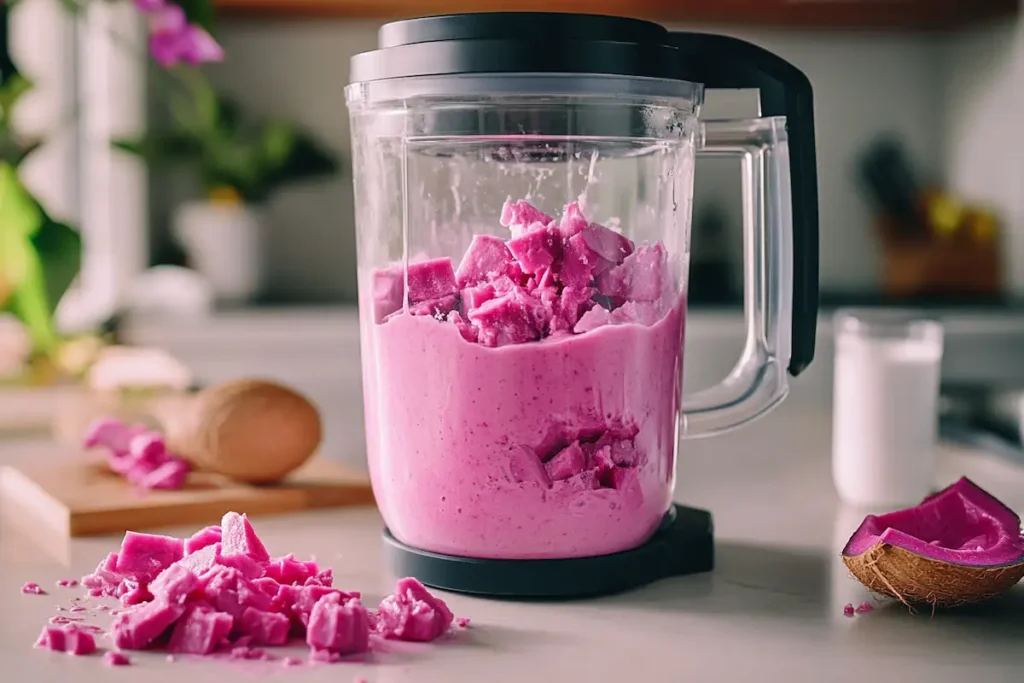 Blending pitaya in a high-powered blender for a pitaya bowl.