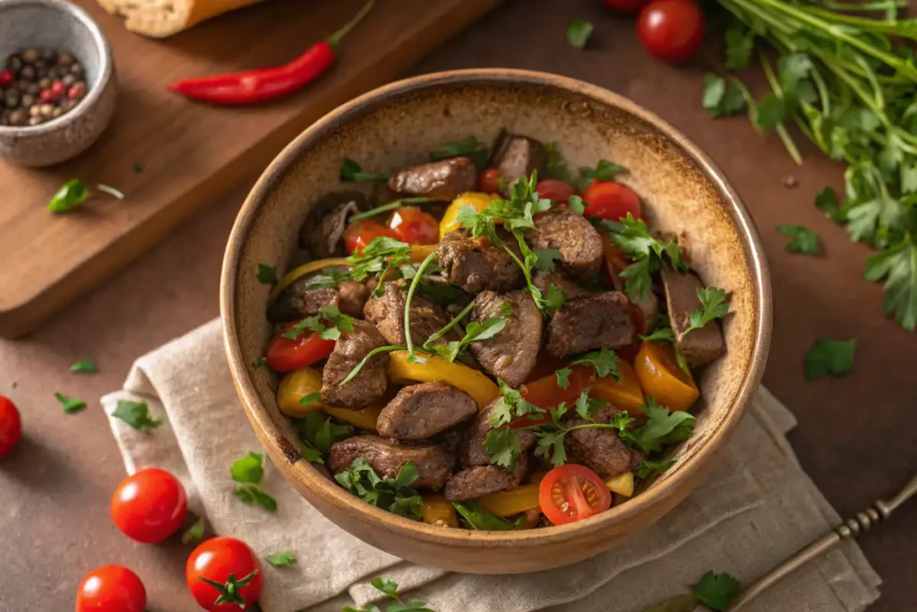 A top-down shot of a colorful bowl filled with cooked chicken hearts and gizzards mixed with fresh herbs and vegetables.