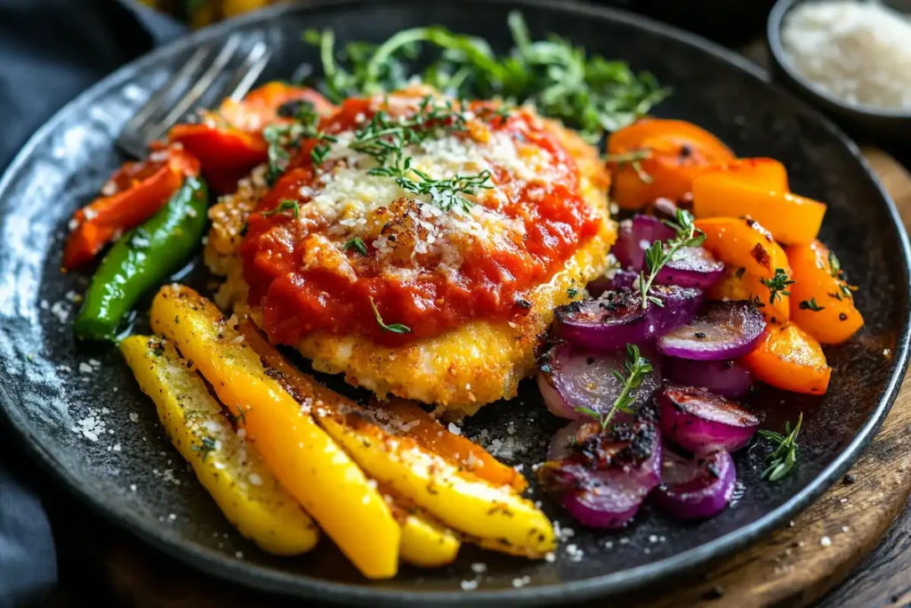 A plate of chicken parmesan served with roasted vegetables.