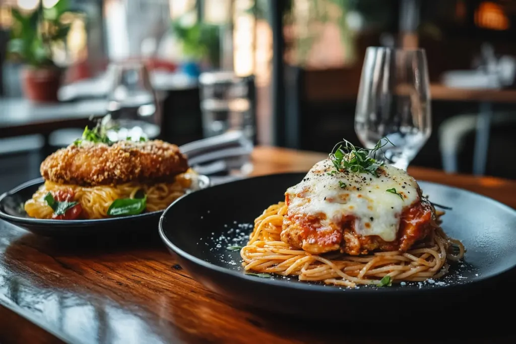 Classic image of chicken parmesan, served with spaghetti.