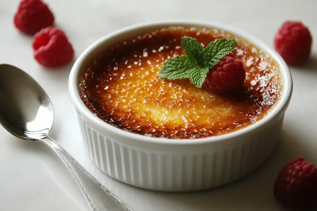 Close-up of a classic crème brûlée in a white ramekin with raspberries and a mint sprig, along with a silver spoon.