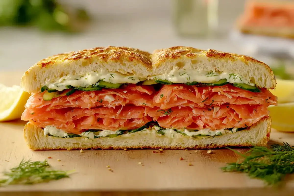 Close-up of a layered salmon fashion sandwich with fresh herbs.