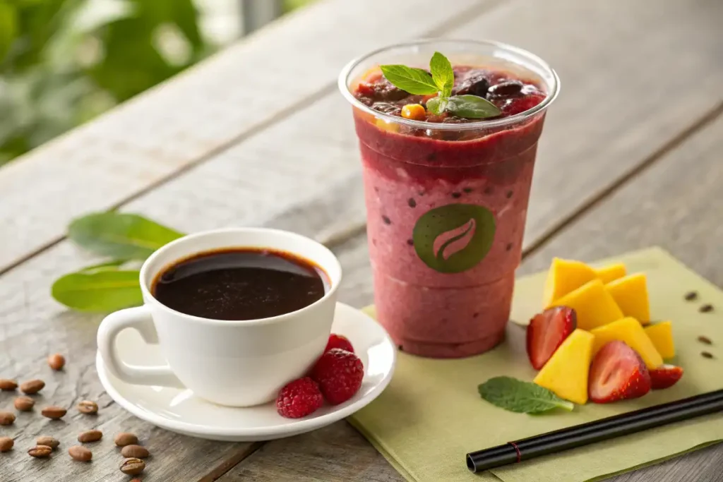 A comparison of a cup of coffee and a tropical smoothie, highlighting their different caffeine sources like green tea leaves and fruit.