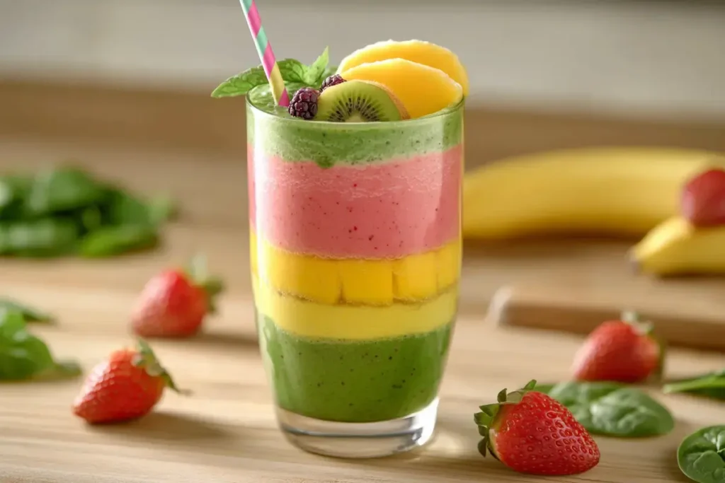 Layered smoothie in a glass, showing green, yellow, and pink layers, topped with fruit, a straw, and mint.