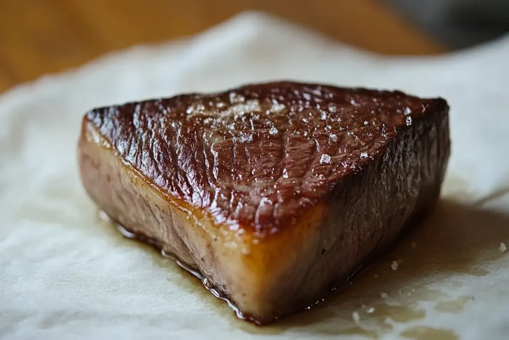 Close-up of a cooked picanha steak, showing its fat cap and texture