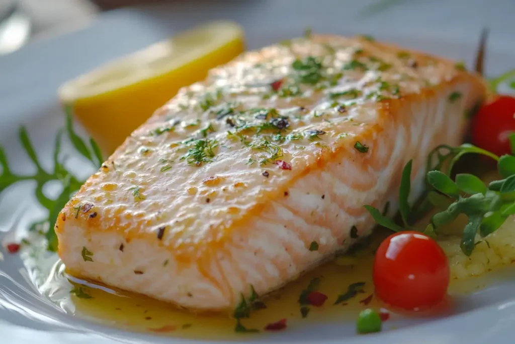 A beautifully cooked white salmon fillet, garnished with fresh herbs and served on a plate with a side of steamed vegetables.