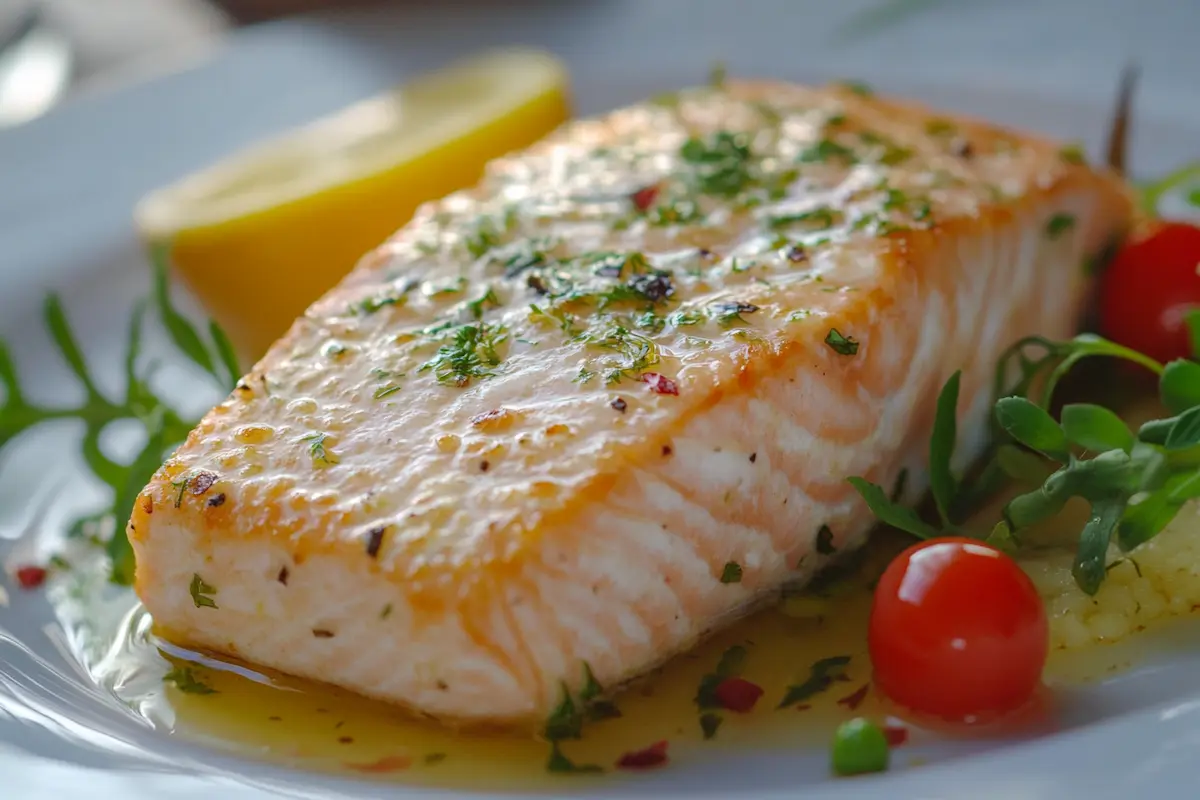 A beautifully cooked white salmon fillet, garnished with fresh herbs and served on a plate with a side of steamed vegetables.