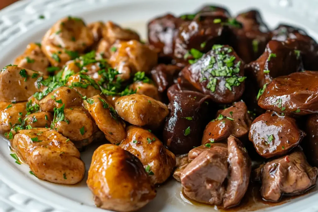 Cooked chicken hearts and gizzards on a plate, showing their contrasting textures.