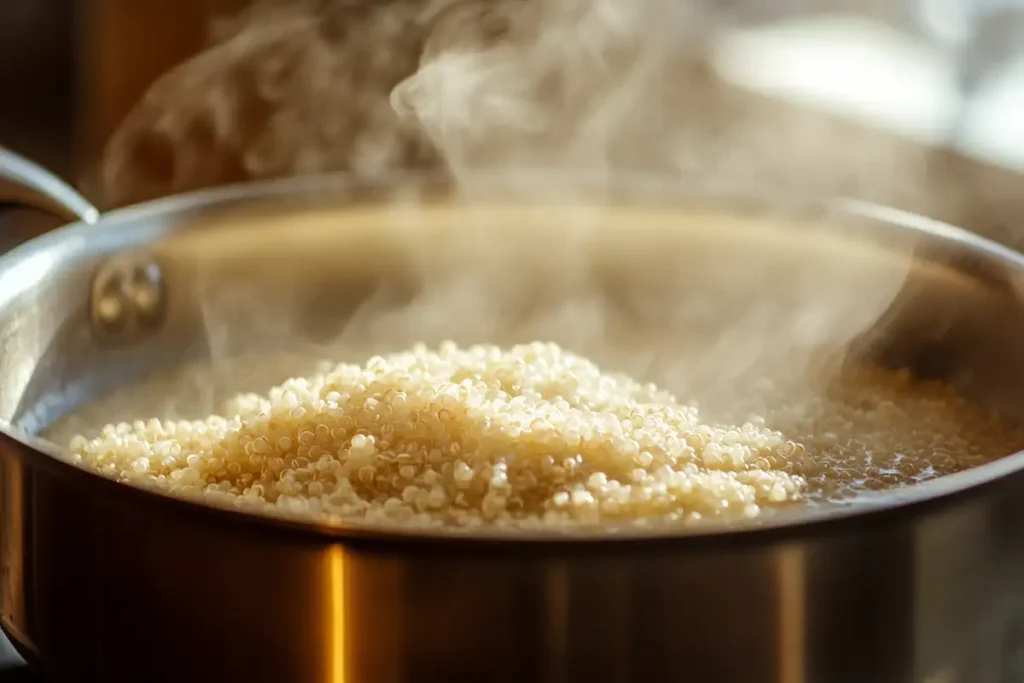 Quinoa rice cooking on a stovetop.