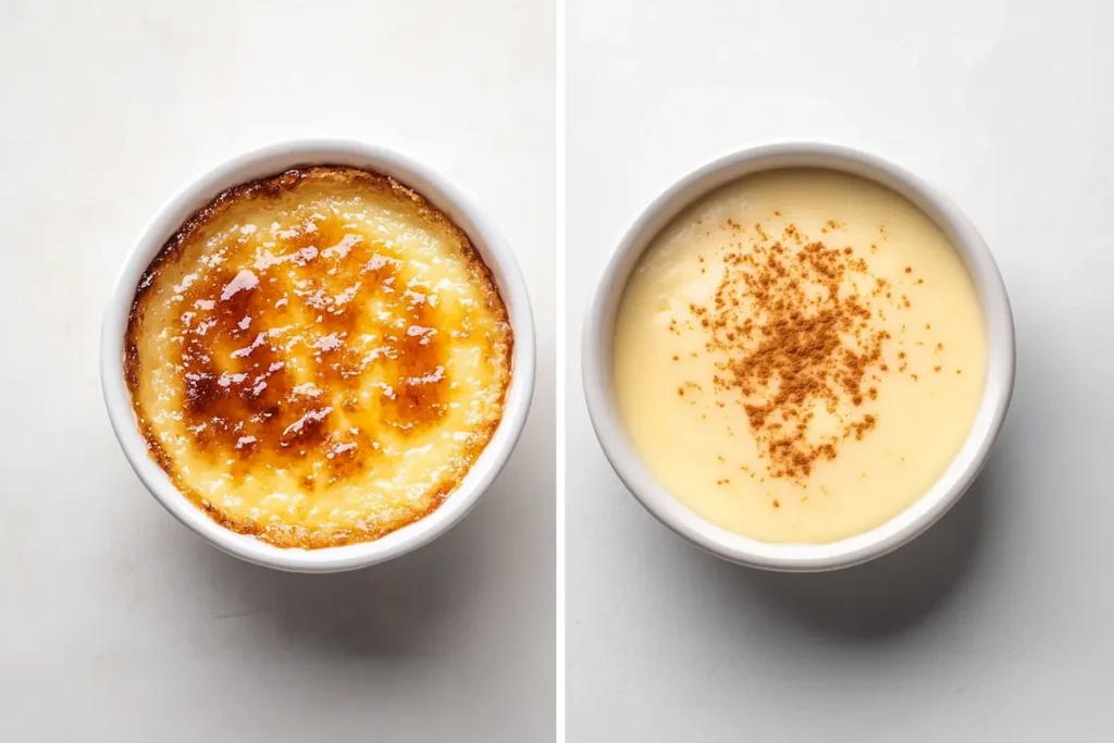 Close-up of a caramelized crème brûlée next to a bowl of smooth custard.