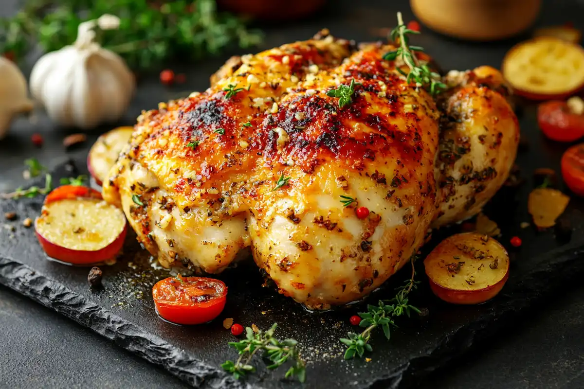 Close-up shot of a crispy garlic parmesan chicken with a golden-brown crust.