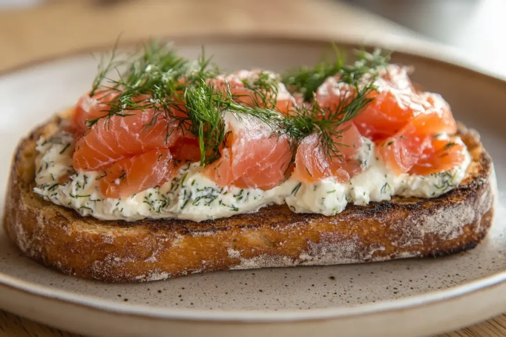 Open-faced salmon sandwich on toasted rye bread.