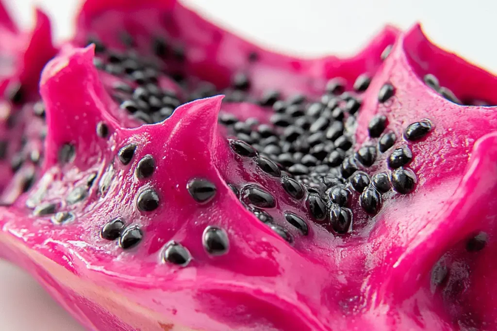 Close-up of a sliced red pitaya (dragon fruit).