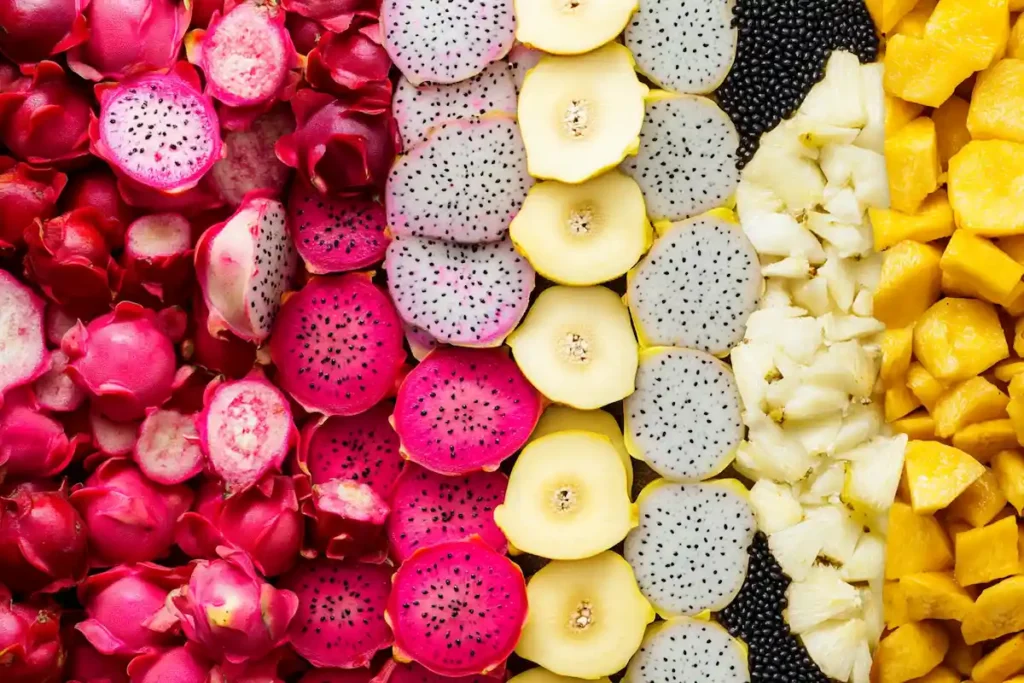 Collage of various pitaya fruits, including red, white, and yellow varieties.