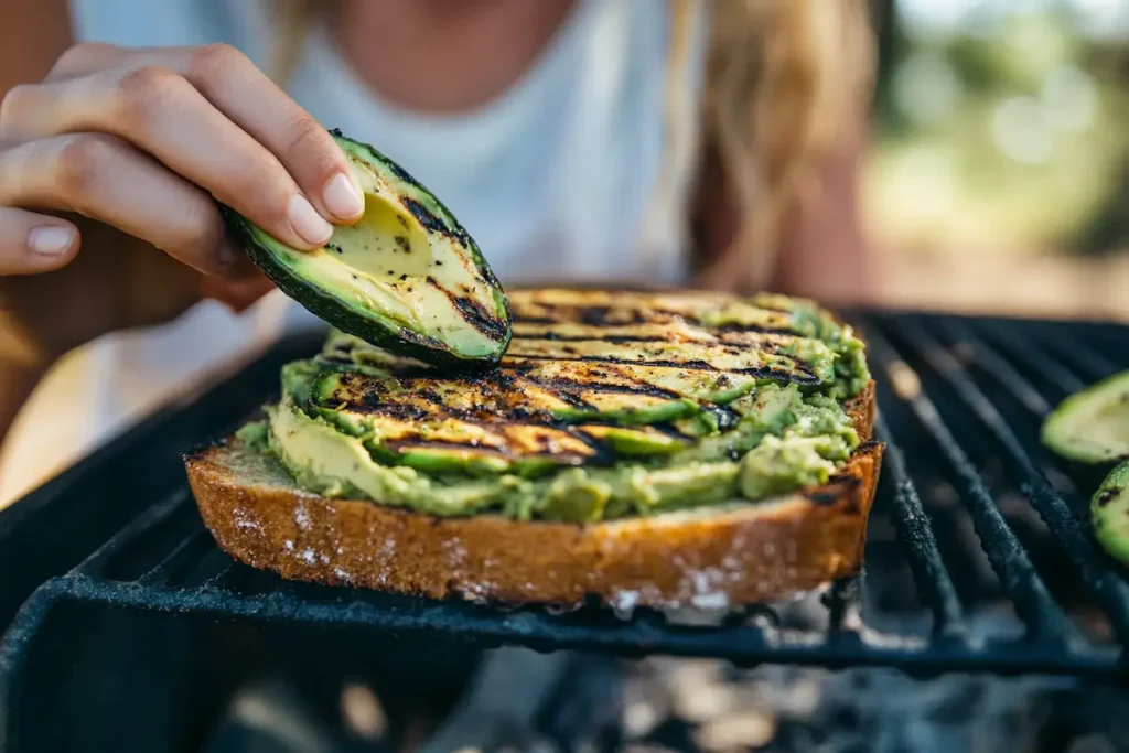 A person eating grilled avocado bread in an outdoor setting.