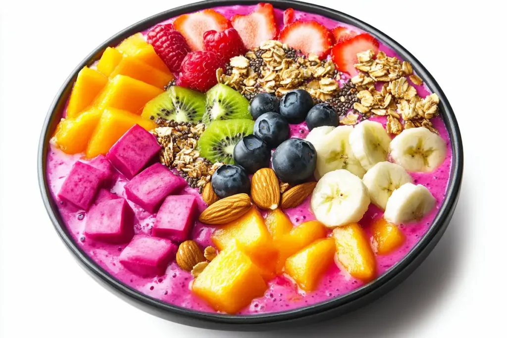 A vibrant pitaya smoothie bowl with fruits, granola, nuts, and seeds.