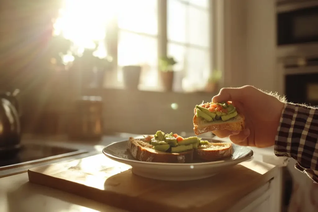 A person enjoying toasted bread with avocado.