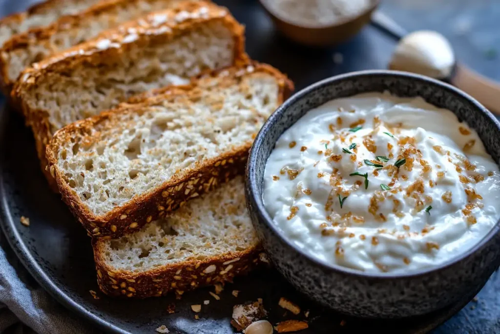 Close-up of toasted Greek Yogurt Garlic Bread High Protein, showing its golden-brown crust and garlic topping.