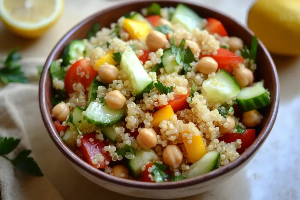 Quinoa rice in a colorful salad bowl.