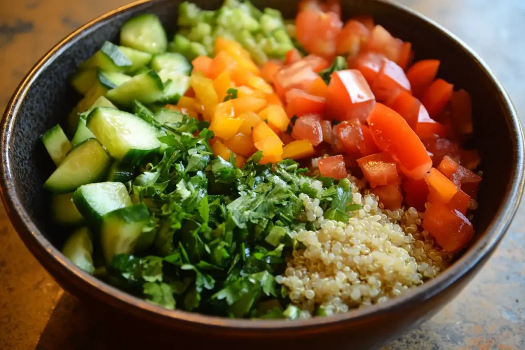 Salad bowl with quinoa rice and colorful vegetables.