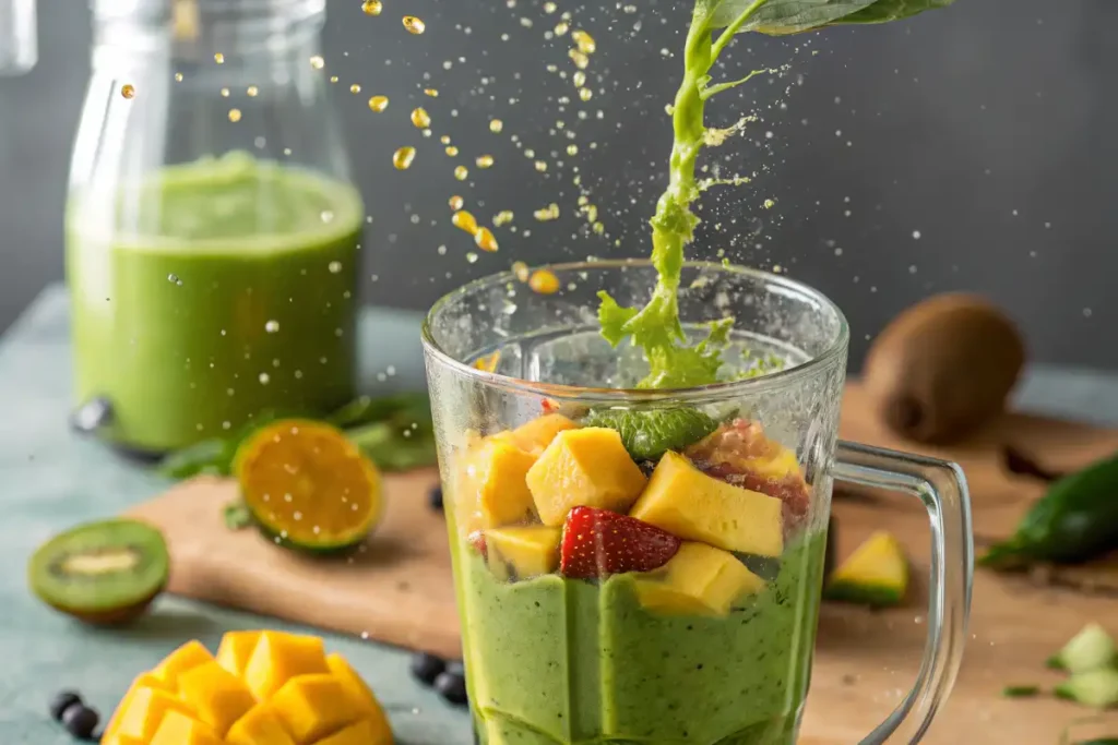 A close-up view of a blender whirring with a green smoothie inside, showcasing visible chunks of mango and fruits, with splashes of liquid.