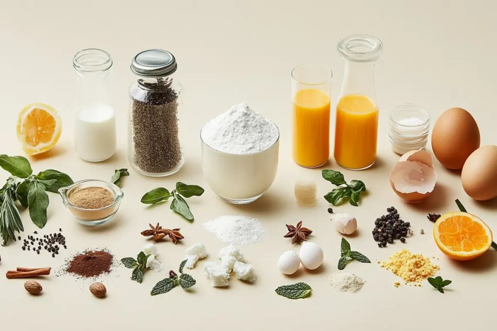 Ingredients for making both crème brûlée and custard on a table.