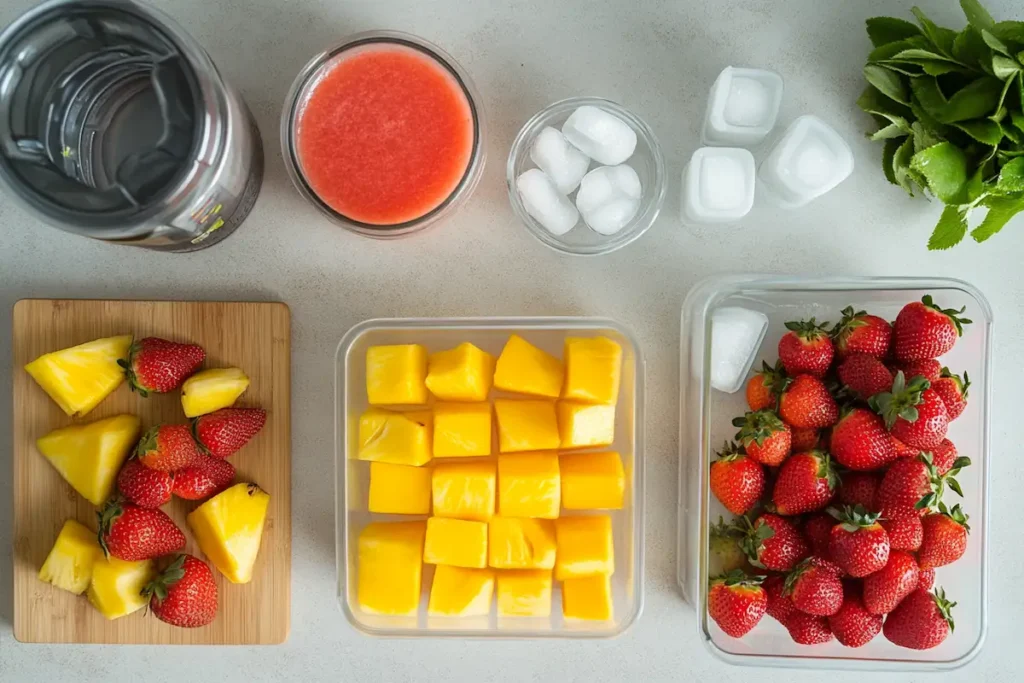 Ingredients for a homemade Sunrise Sunset smoothie, including fresh fruits and a blender.