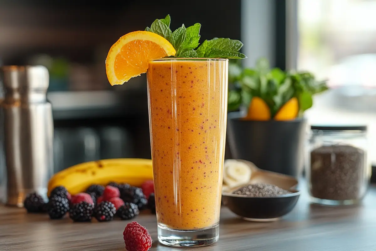 A colorful meal replacement smoothie in a tall glass, garnished with orange and mint, placed beside fresh berries, a banana and chia seeds.