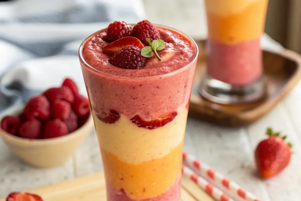 A layered smoothie with pink berry and light orange papaya layers in a glass, garnished with a strawberry slice.