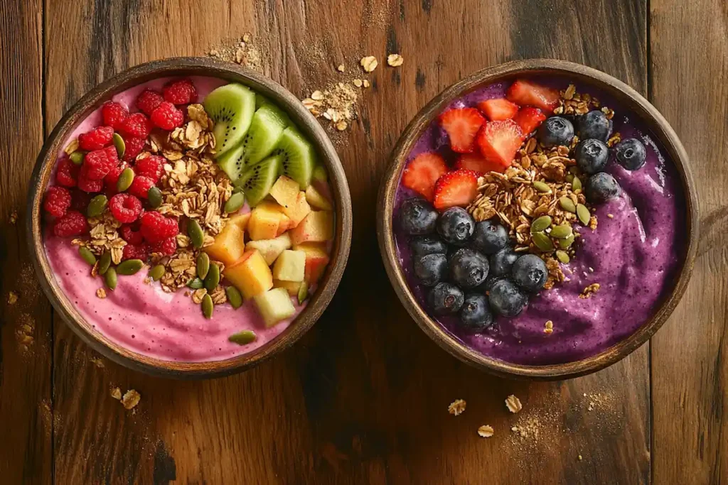 A side-by-side comparison of a vibrant pitaya bowl and a deep purple acai bowl, highlighting their differences.