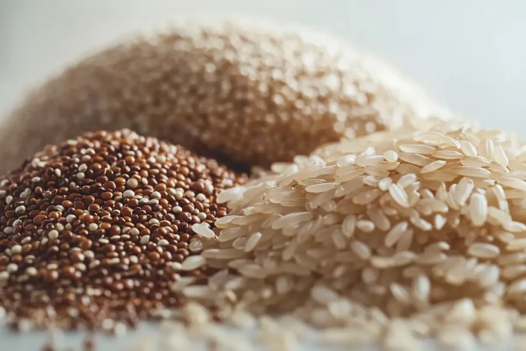 Close-up of raw quinoa seeds and brown rice grains.