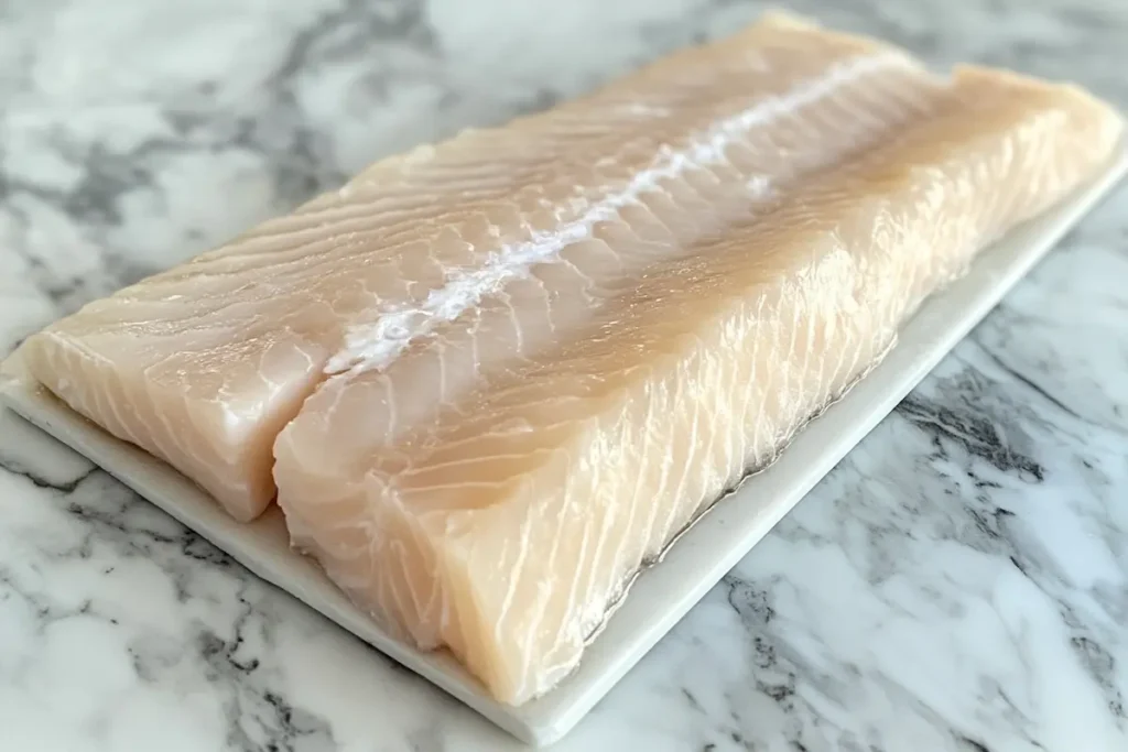 A raw white salmon fillet showing its distinctive pale color.