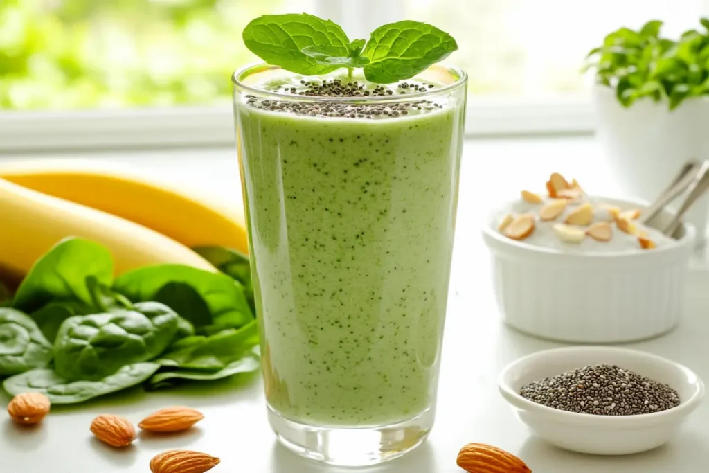 Fresh green smoothie in a glass topped with mint leaves and chia seeds, surrounded by spinach, bananas, almonds, and a bowl of yogurt.