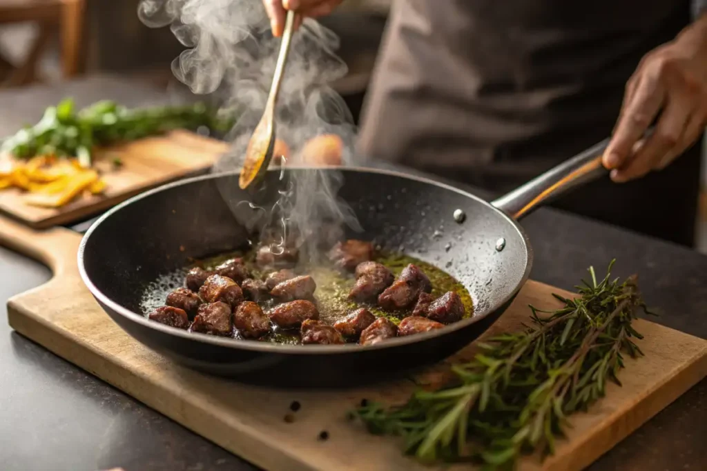  A close-up image of chicken hearts being seared in a hot pan, showing steam and a chef's hand.