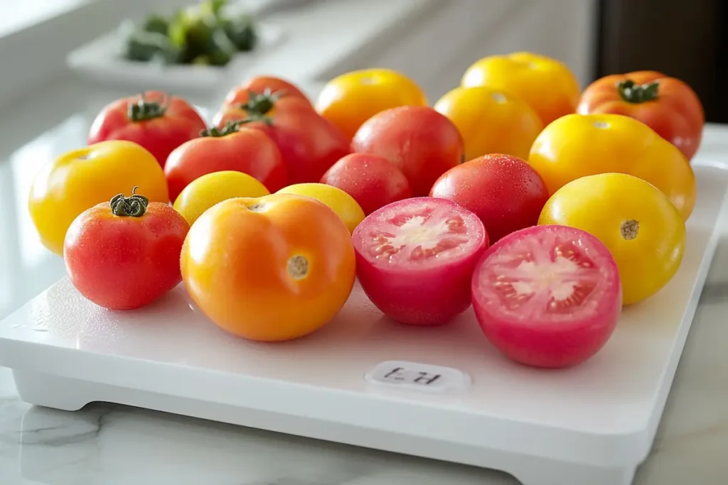 Close-up of a ripe beef tomato sliced in half, displaying its meaty texture.