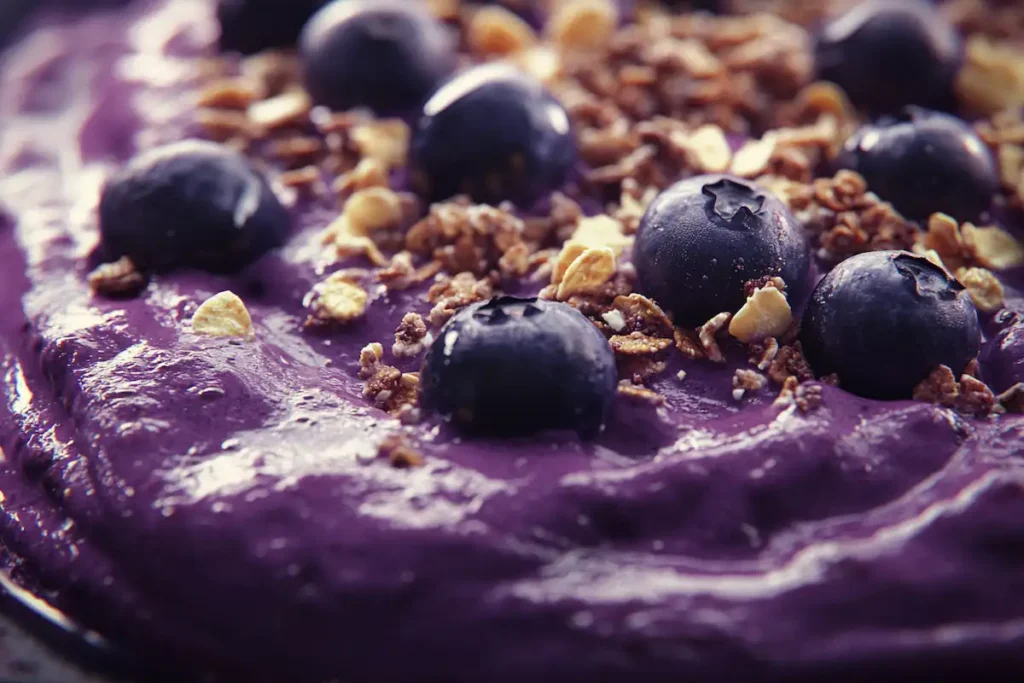 A close-up of an acai bowl with its signature deep purple color, highlighting the texture and toppings.