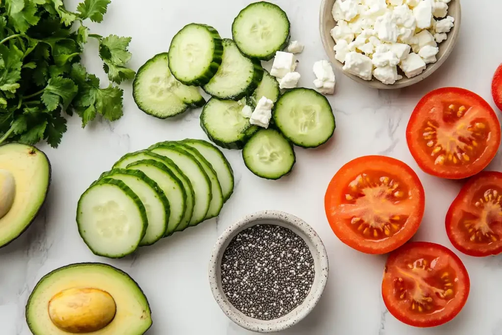 Overhead view of various healthy toppings for toasted bread with avocado.